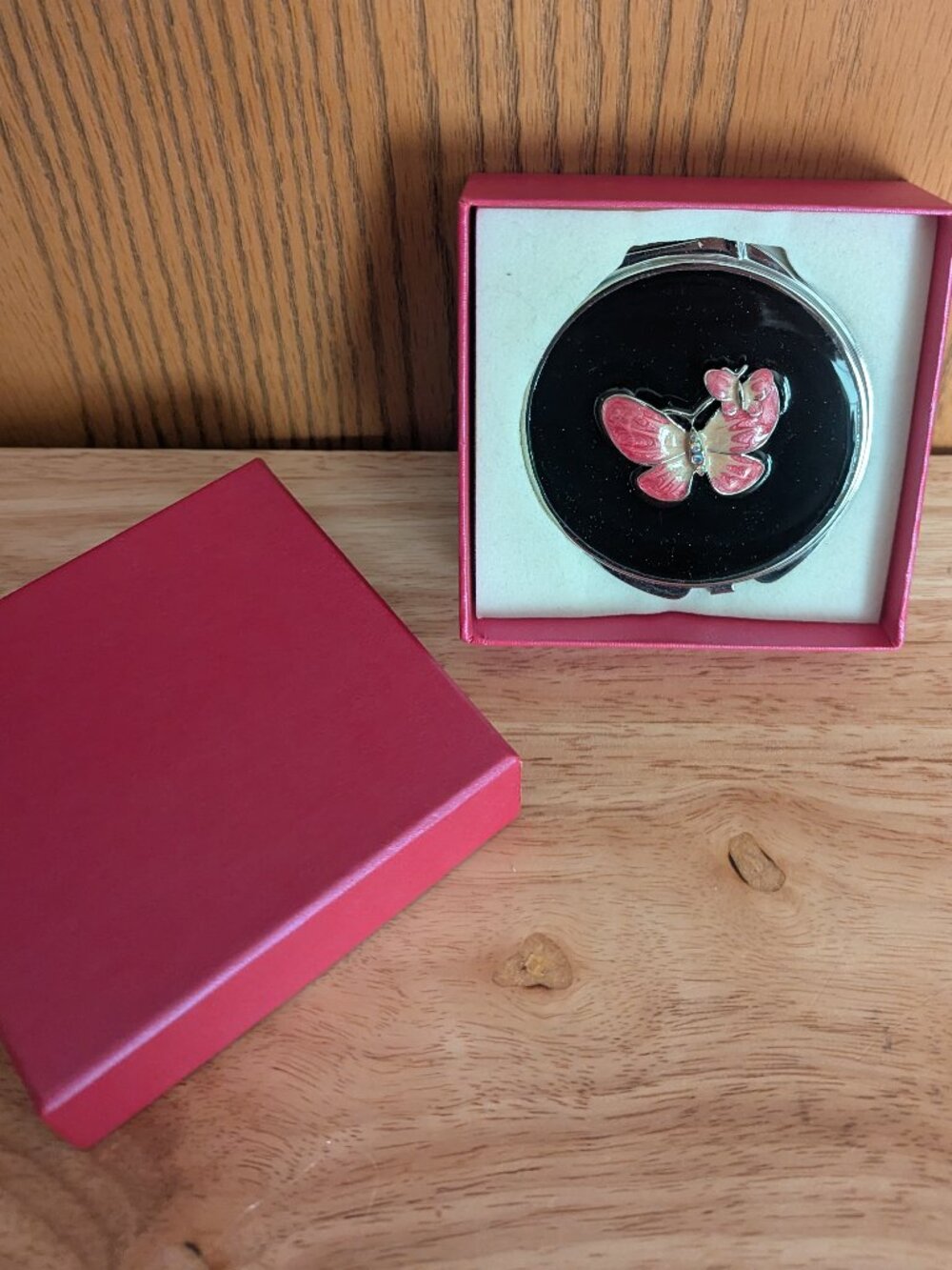 New Enamel Compact Makeup Mirror Pill Box Butterfly Pink Black Silver Macy's
